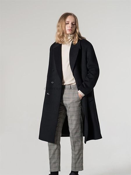 

men's trench coats autumn and winter lapel solid color double-breasted woolen coat classic contracted loose casual, Tan;black