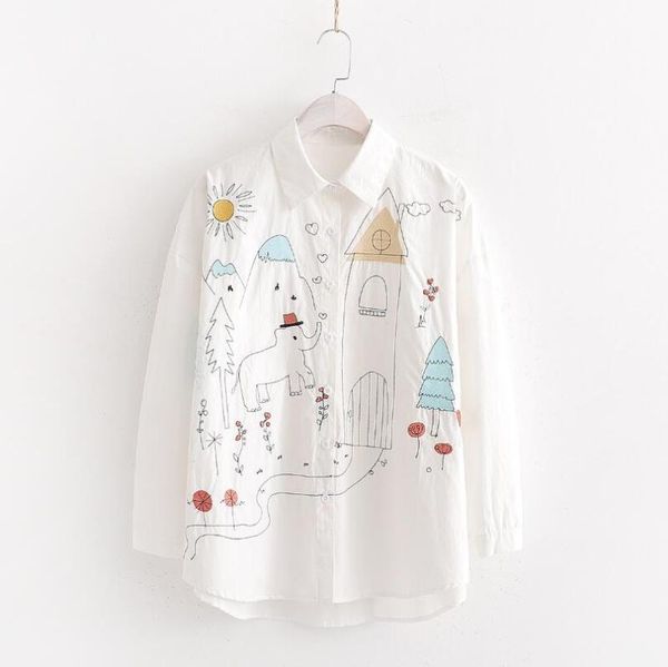 

women's blouses & shirts women cartoon embroidery cotton white shirt 2021 long sleeve blouse elephant tree loose casual feminina blusa