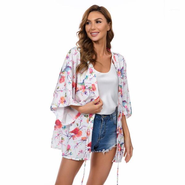 

fashion women kimono cardigan batwing sleeve adjustabel waist floral blouse elegant beach summer women's swimwear, White;black
