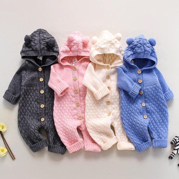 

jumpsuits spring autumn baby knitted one-piece garment open button solid color romper born boys toddler girls clothes, Blue