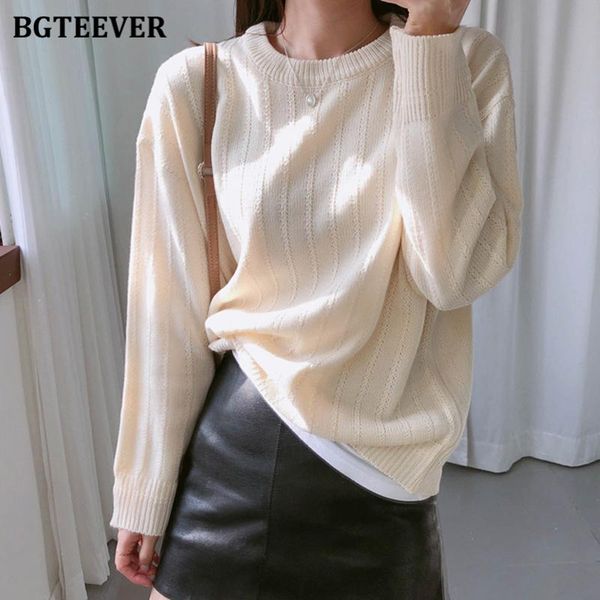 

women's sweaters bgteever basic loose o-neck solid sweater jumpers women 2021 autumn winter soft warm long sleeve female knitted pullov, White;black