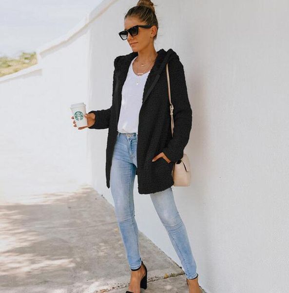 

women's jackets autumn loose style plush coat solid color zipper open front hooded jacket streetwear fashion clothes, Black;brown