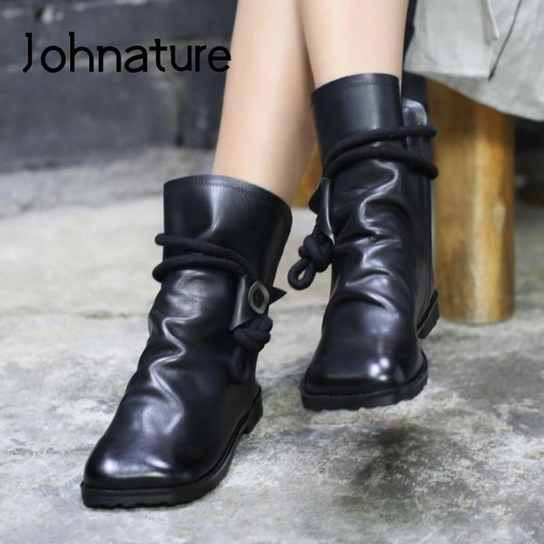 

boots johnature ankle women genuine leather shoes 2021 zip round toe flat with sewing handmade concise platform, Black