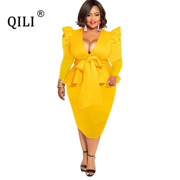 

casual dresses qili plus size dress office lady elegant ruffles full sleeve deep v-neck knee-length extra large black red blue, Black;gray