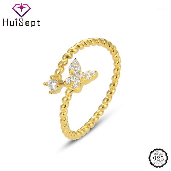 

cluster rings huisept 925 sterling silver jewelry butterfly shape zircon gemstone gold color open finger ring for women wedding party, Golden;silver