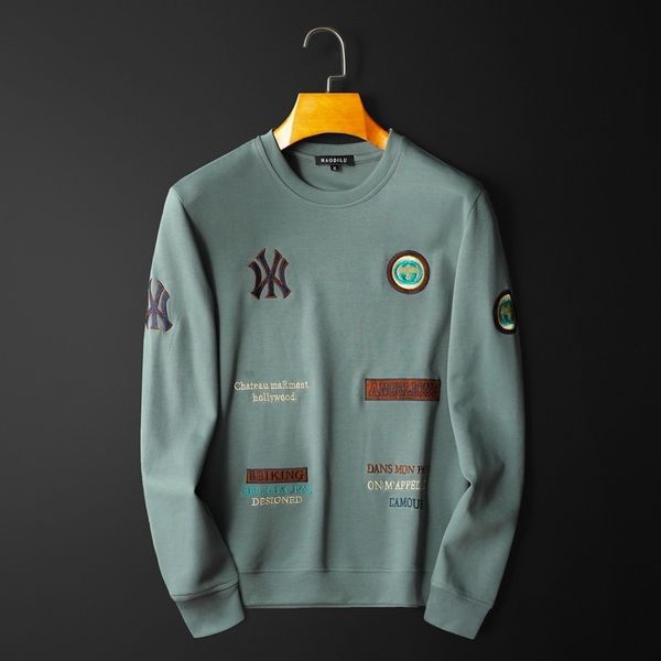 

fashion fleece hoodies 2021 spring men's embroidered round neck sweater slim mercerized cotton leisure youth brand, Black