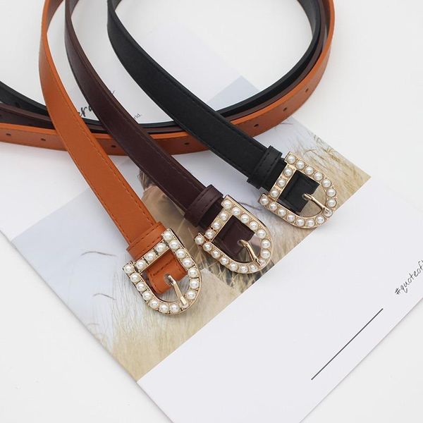 

belts ladies fashion all-match pin buckle for women pearl inlaid d alloy belt jeans designer waistband, Black;brown