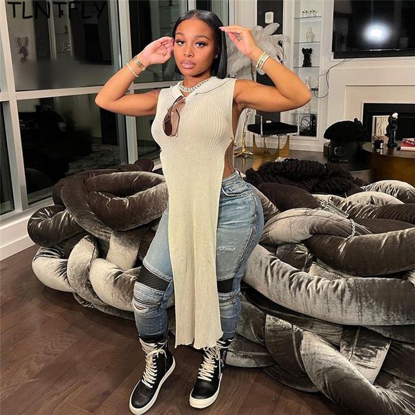 

casual dresses summer women's sweater knit dress 2021 sleeveless irregular high slit exposure see-through hooded long street style, Black;gray