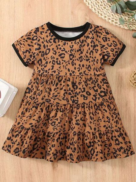 

baby leopard contrast binding ruffle hem dress she, Red;yellow
