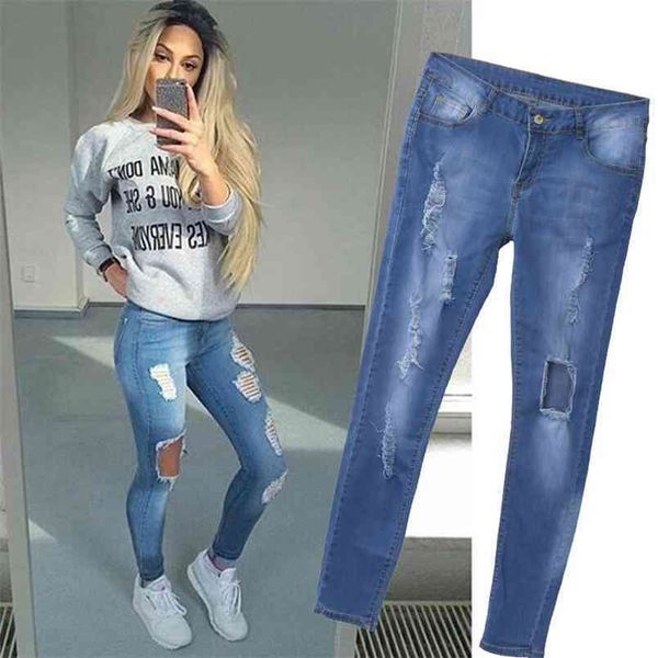 

women jeans est hole ripped cool denim vintage straight high waist casual pencil trousers female slim fit clothing 210522, Blue