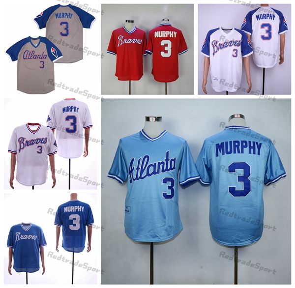 Vintage 1974-1982 Jerseys de beisebol Dale Murphy # 3 camisas azuis Costurado branco cinza vermelho Mens Jersey