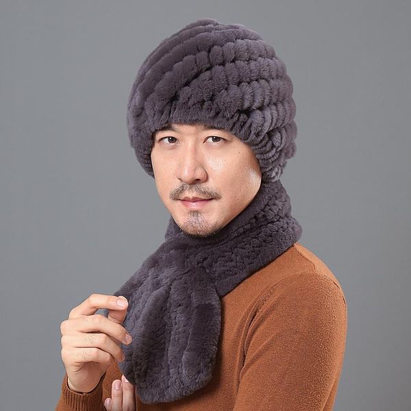 

berets russian men's winter suit real fur knitted hat handmade rex warm high-quality scarf set, Blue;gray