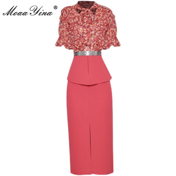 

fashion designer summer midi dress women's short sleeve floral print splicing red high waist slim pencil vestidos 210524, Black;gray