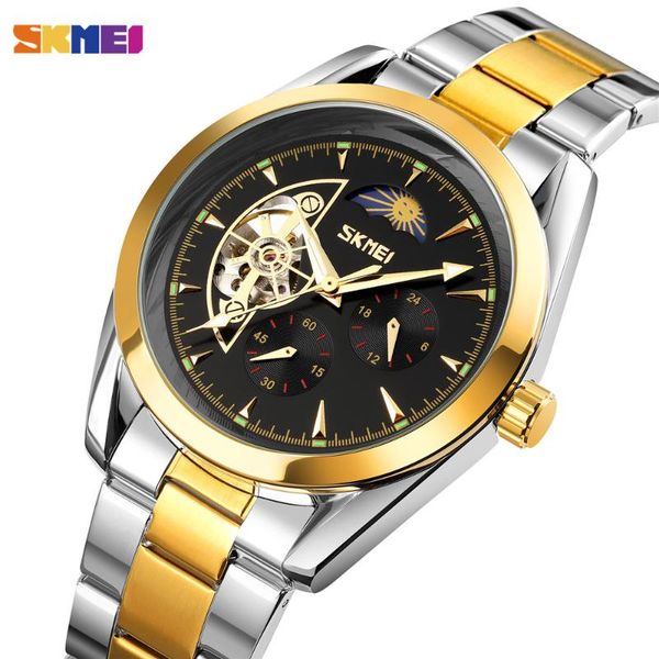 

wristwatches skmei brand moon phase mechanical watch men automatic watches waterproof strainless steel strap relogio masculino 9237 cloc, Slivery;brown