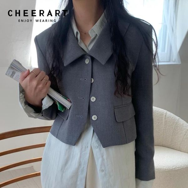 

women's jackets cheerart cropped jacket for women 2021 grey button up korean fashion beige short coat fall clothes arrival, Black;brown