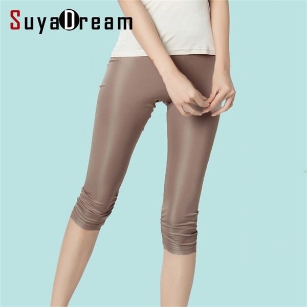 

women leggings 100%real silk 3/4 length pants slim leggings plus size anti emptied bottoming light colors black white 211218