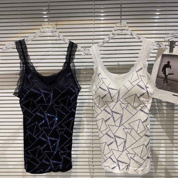 

women's tanks & camis prepomp 2021 autumn arrival sleeveless v neck diamonds lace shoulder strap slim knitted tank women gc384, White