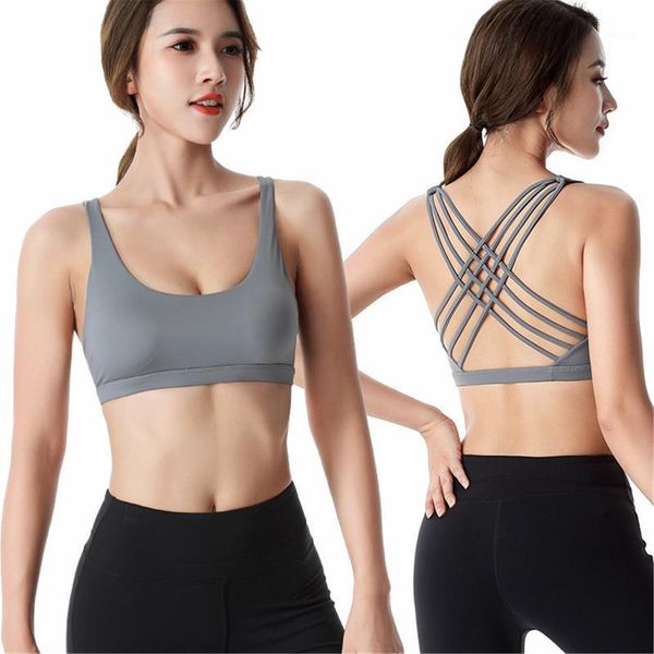 

yoga outfit crisscross strappy women sport bras buttery soft medium support bra plus size padded push up fitness crop