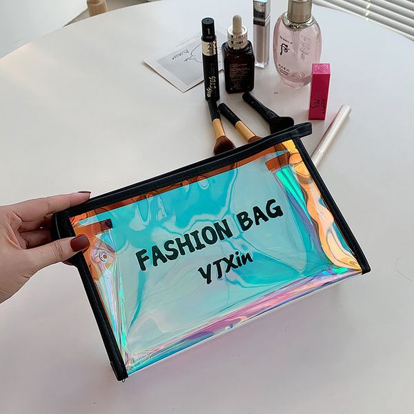 

tpu magic color transparent ful laser cosmetic bag raiow zipper handbag, Red;black