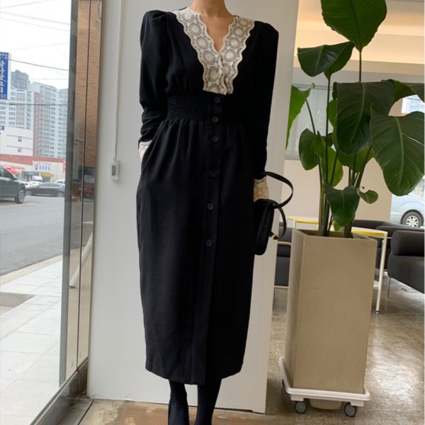 

dresses vintage v-neck patchwork lace single-breasted female high stretch waist women dress spring elegant vestidos ryy6, Black;gray