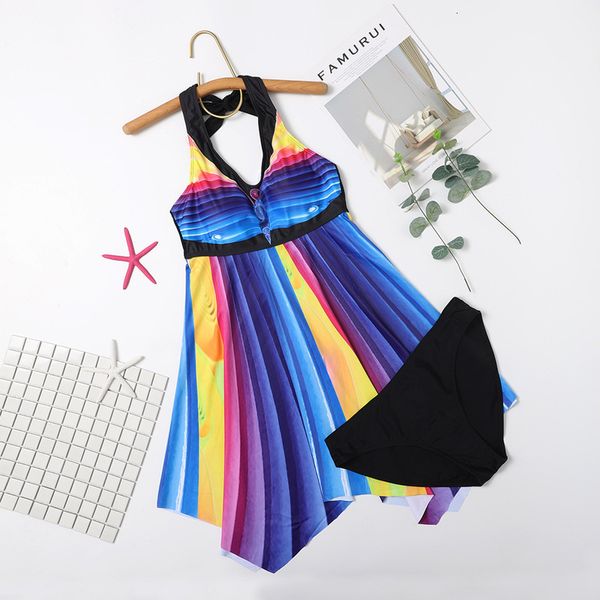 

large 2021 size colorful long skirt neck split bikini swimsuit, Black;white
