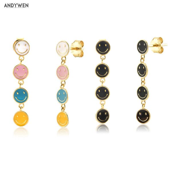 

andywen 925 sterling silver gold 26mm smile face happy mood smiley drop earring piercing clips jewelry gift wedding 210608