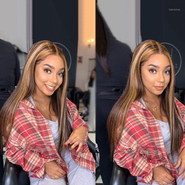

long straight ombre brown highlight blonde middle part remy13x4/6 lace front wig for black women with babyhair natural headline wigs1, Black;brown
