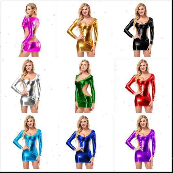 

candy color womens dresses pu faux leather shiny dress long sleeve hollow out backless low cut sexyy wetlook stage dance, Black;gray