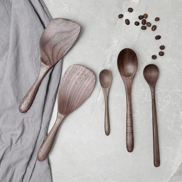 

spoons vacclo black walnut wooden eco-friendly japanese style coffee stir long scoop large soup rice spoon kitchen tableware