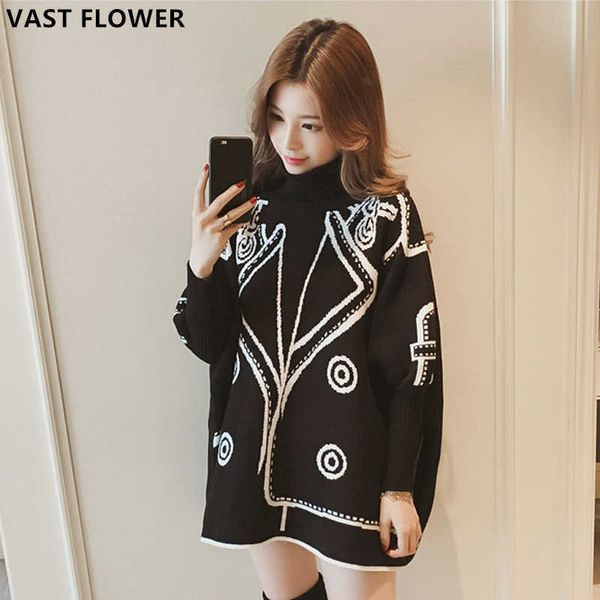 

pattern knitted sweater women high collar pullover korean oversized batwing sleeve loose casual autumn winter clothes 210805, White;black