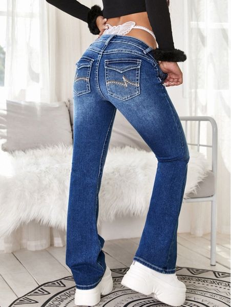 

graphic embroidery flare leg jeans 68zi#, Blue