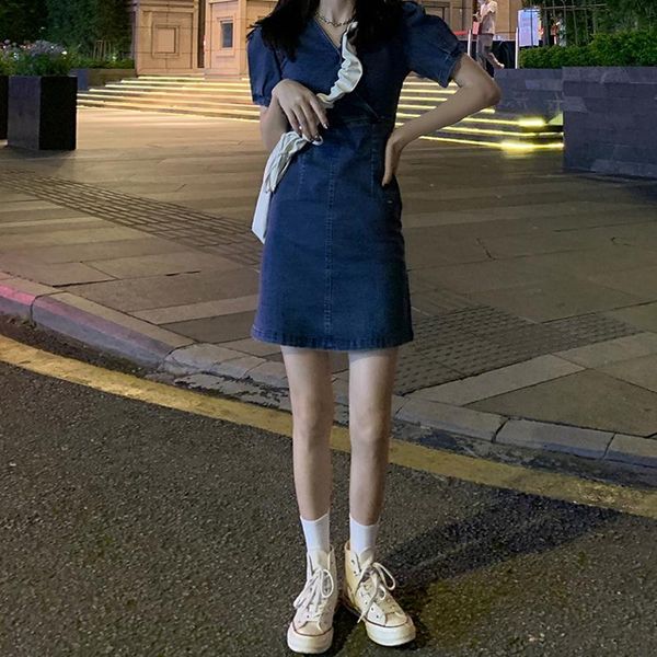

casual dresses goohojio 2021 vintage short sleeve denim dress for women chic slim solid color autumn fashion, Black;gray