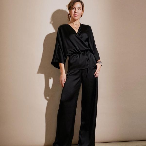 

women's sleepwear hiloc black satin robe sets bathrobe for women loose solid night set female three quarter sleeve home suit 2021 sprin, Black;red