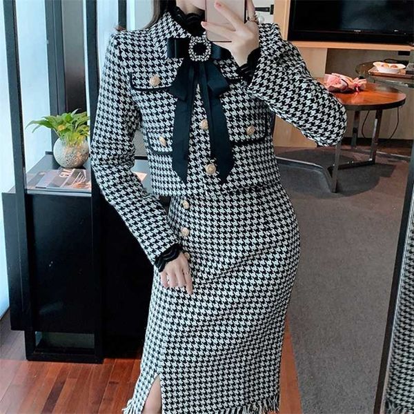 

zawfl autumn winter wool suits women 2 piece set beading big bowknot tweed short jacket coat + high waist mini pocket skirt set 211108, White