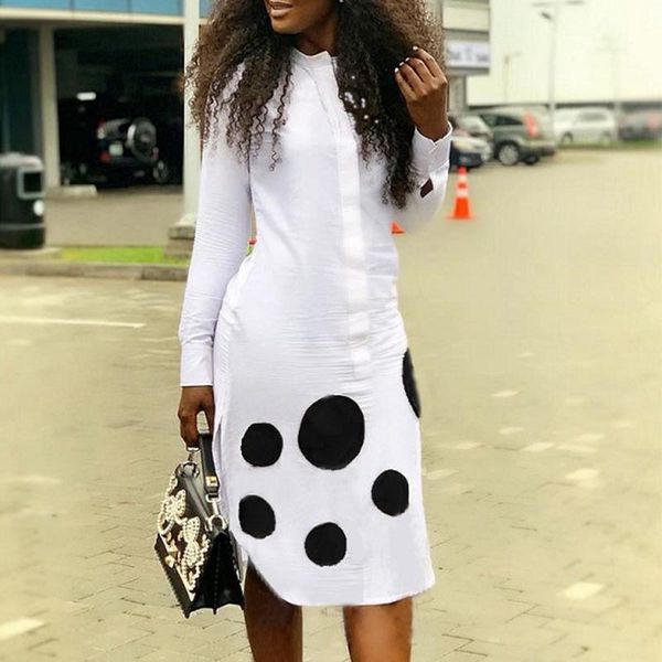 

long sleeve white shirt dress women autumn polka dot button midi plus size office elegant casual streetwear dresses, Black;gray
