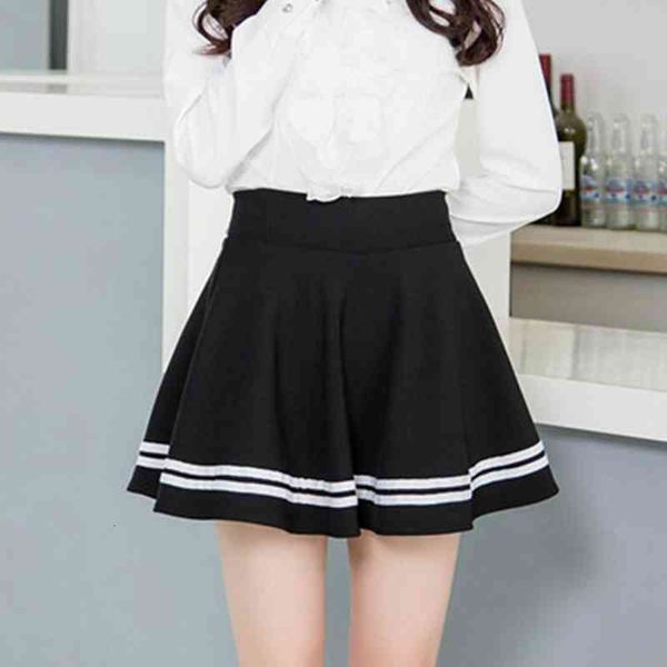 

women skirt fashion solid color casual mini a-line high waist stripe pleated a line mini school skirt, Black