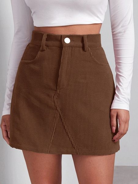 

buttoned front cord skirt 14if#, Black