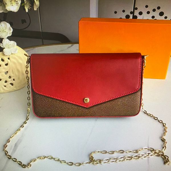 

wholesale pochette felicie fashion chain shoulder bags women handbag mini clutch wallet purse 3 piece set smooth leather crossbody bag 60235, Red;black