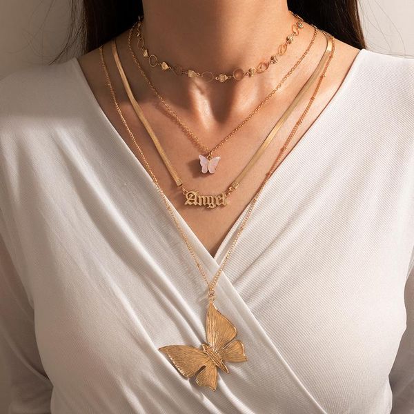 

chains tocona pretty acrylic butterfly pendant necklace for women charms angle multi-layer choker chain party jewelry collar 17971, Silver