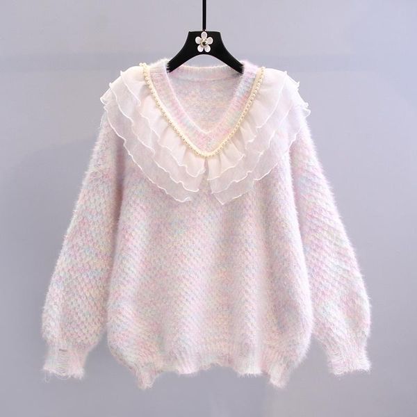 

women's sweaters lace ruffles patchwork women sweater pullovers autumn winter 2021 beading loose thicken coarse yarn female pulls outwe, White;black