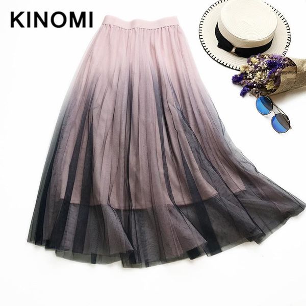 

skirts kinomi 2021 spring summer gradient mesh a-line tulle elegant long ladies high waist korean style female, Black