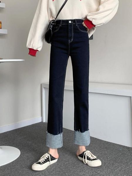 

women's jeans pants hem straight 2021 season high waist loose thin versatile, Blue