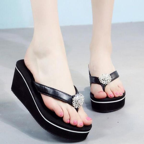 

slippers women shoes summer flip flops casual crystal anti-slip beach flat sandals indoor & outdoor slipper sh161, Black