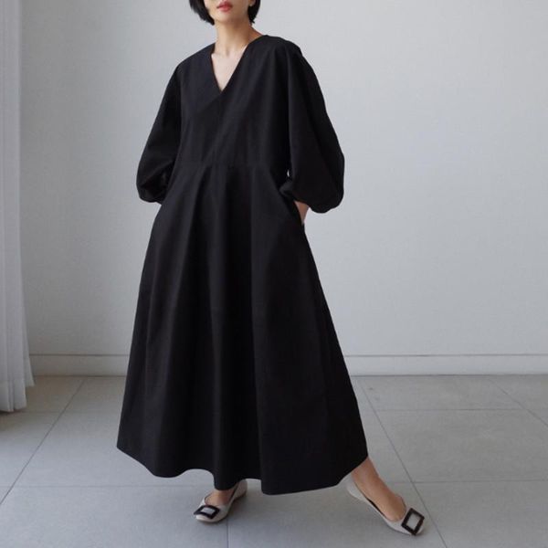 

casual dresses johnature 2021 v-neck puff sleeve plus size dress autumn korean loose solid color pockets a-line women, Black;gray