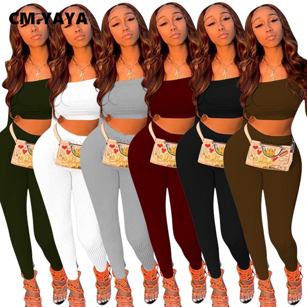 

autumn knitted women set off shoulder crop legging pants set active matching trasuit two piece fitness outfit setby air, White
