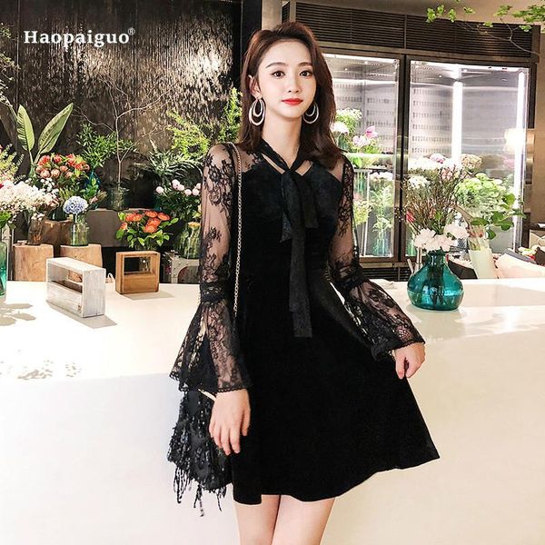 

casual dresses plus size a-line dress autumn women black flare sleeve lace knee-length o-neck elegant vintage party club vestidos, Black;gray