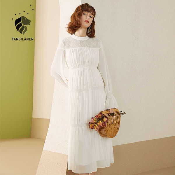 Fansilanen transparente elegante branco chiffon vestido mulheres flare manga drapeado boho praia vintage mola maxi 210607
