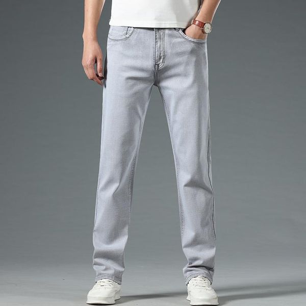 

men's jeans fashion gray men simple straight loose casual pants mens business summer thin denim trousers, Blue