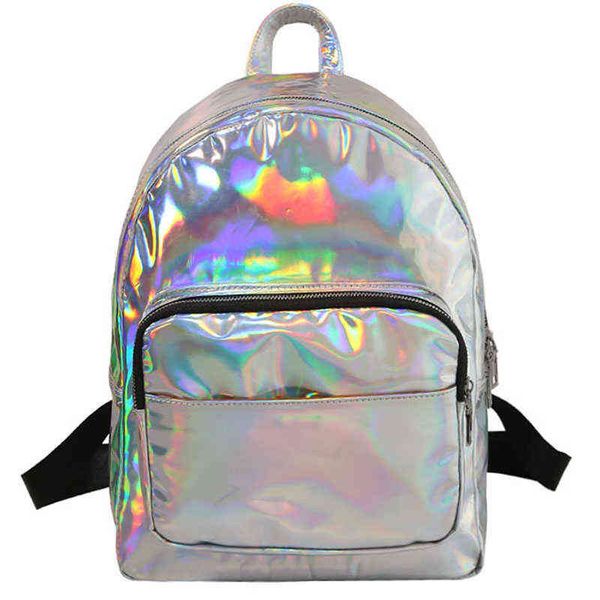 

women backpack hologram laser backpacks girl school bag female simple silver bags leather holographic sac big medium small size y1105