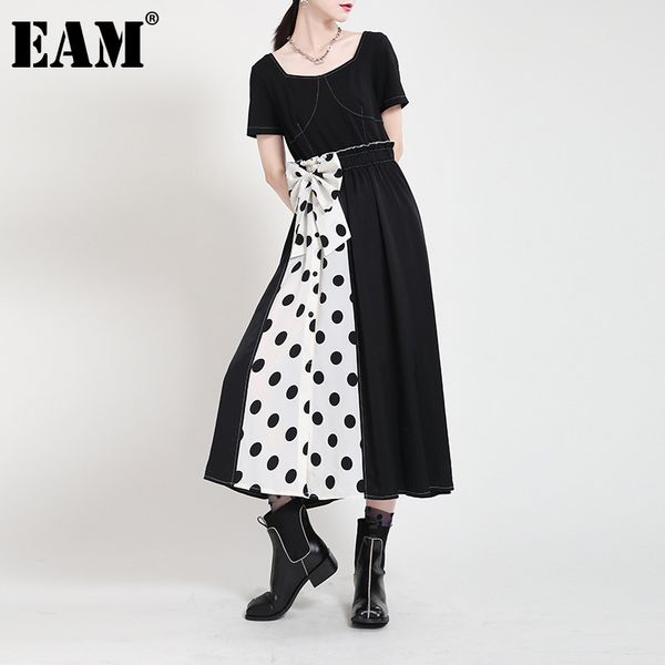 

[eam] women black dot printed long temperament dress round neck short sleeve loose fit fashion spring summer 1dd7666 21512, Black;gray